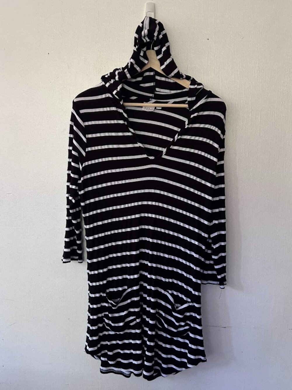 Beach Break Hooded Swim Cover Up Womens Large Black White Striped